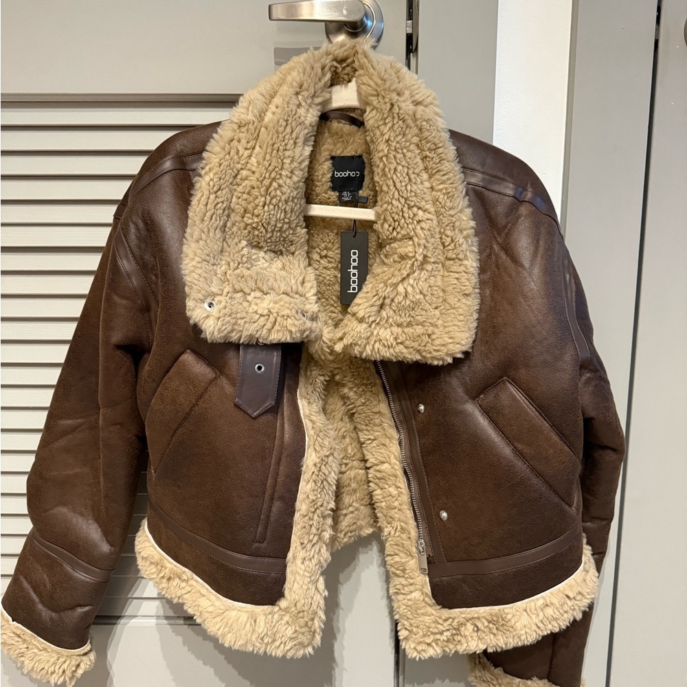 Boohoo Teddy Jacket Brown and Cream Plush Sherpa